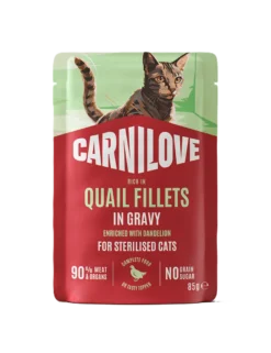Cat Pouch med saus, rik på vaktel og beriket med løvetann, for kastrerte katter, 85 g