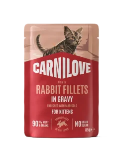 Cat Pouch Saus med høyt innhold av kanin, beriket med ringblomst, for kattunger, 85 g