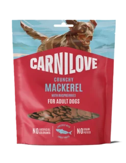 Hundesnacks «Crunchy Snack» med makrell og bringebær, 200 g