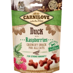 Kattesnacks med knasende and og bringebær 50 g