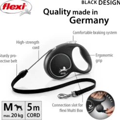 Rullebånd Black Design Cord, 3m, XS, maks 8 kg, Sølv