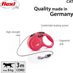 Rullebånd New Classic Cat Cord, 3m, XS, maks 8 kg, rød
