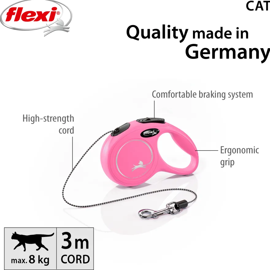 Rullebånd New Classic Cat Cord, 3m, XS, maks 8 kg, Rosa
